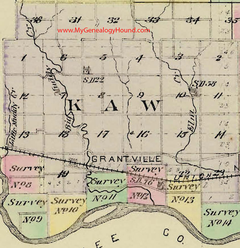 Kaw Township, Jefferson County, Kansas 1887 Map Grantville, KS