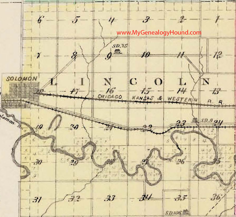 Lincoln Township, Dickinson County, Kansas 1887 Map Solomon, KS