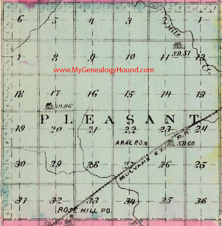 Pleasant Township, Butler County, Kansas 1887 Map Aral, Rose Hill, KS