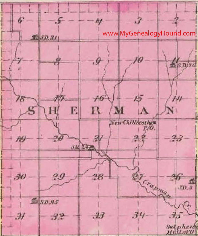 Sherman Township, Dickinson County, Kansas 1887 Map New Chillicothe, Sutphen Mills, KS