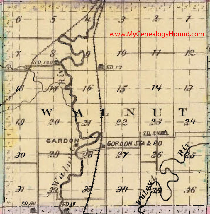 Walnut Township, Butler County, Kansas 1887 Map Gardon, Gordon Station, KS