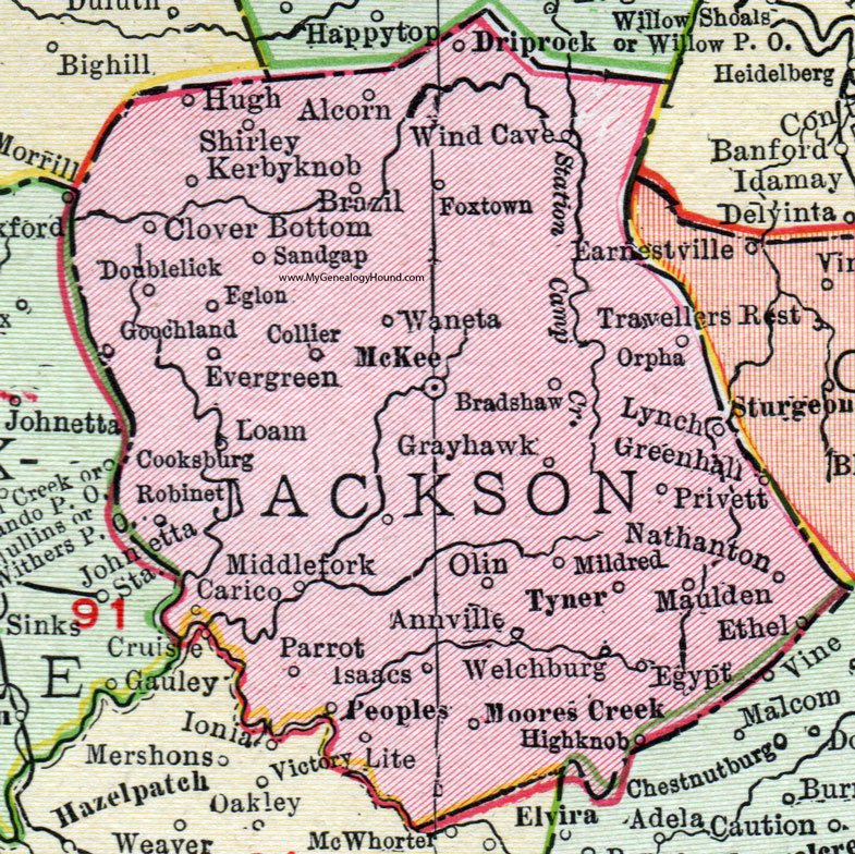 Jackson County, Kentucky 1911 Rand McNally Map McKee, Annville, Tyner, Egypt, Gray Hawk, Sandgap, Goochland, Alcorn, Waneta, Welchburg, Privett, Maulden, Bradshaw, Wind Cave, KY