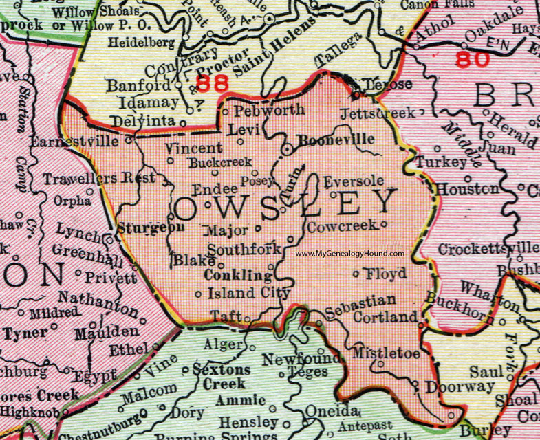 Owsley County, Kentucky 1911 Rand McNally, Booneville, Conkling, Sebastian, Mistletoe, Cortland, Cowcreek, Eversole, Pebworth, Sturgeon, Travellers Rest, Earnestville, Endee, Posey, Southfork, KY