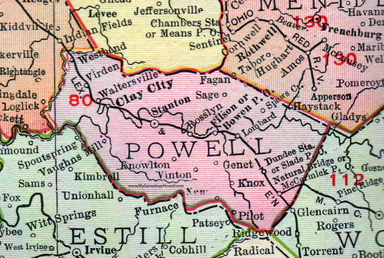 Powell County, Kentucky 1911 Rand McNally, Stanton, Clay City, Slade, Virden, Waltersville, Knowlton, Vinton, Genet, McCormick, Pilot, Sage, Filson, Bowen, Lombard, KY