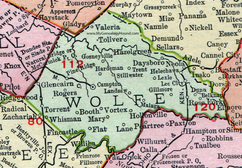 Wolfe County, Kentucky 1911 Rand McNally, Campton, Hazel Green, Gillmore, Lee City, Toliver, Gosneyville, Landsaw, Vortex, Whisman, Hollonville, Helechawa, Daysboro, Neola, Belknap, KY