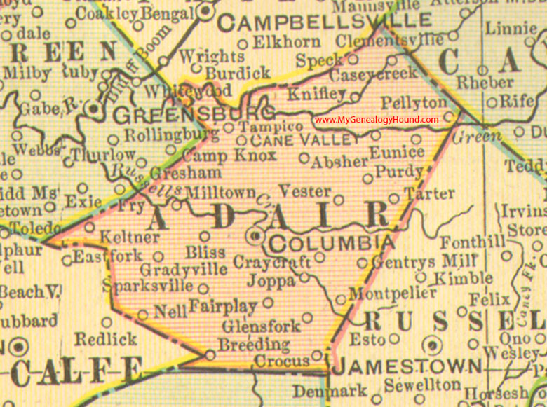 Adair County, Kentucky 1905 Map Columbia, KY, Knifley, Pellyton, Absher, Vester, Tampico, Tarter, Keltner, Joppa, Montpelier, Purdy, Sparksville
