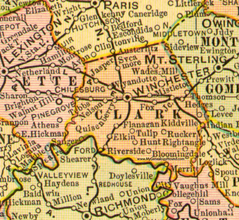 Clark County, Kentucky 1905 Map Winchester, Flanagan, Elkin, Hedges, Jasper, Merritt, Quisenberry, Sanger, Tebbs, Thomson, Tulip, Wyandotte