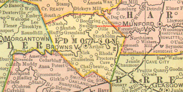 Edmonson County, Kentucky 1905 Map Brownsville, KY, Mammoth Cave, Proctors Cave, Stockholm, Sweeden, Chalybeate, Chaumont, Bee Spring, Cedarbluff Mills
