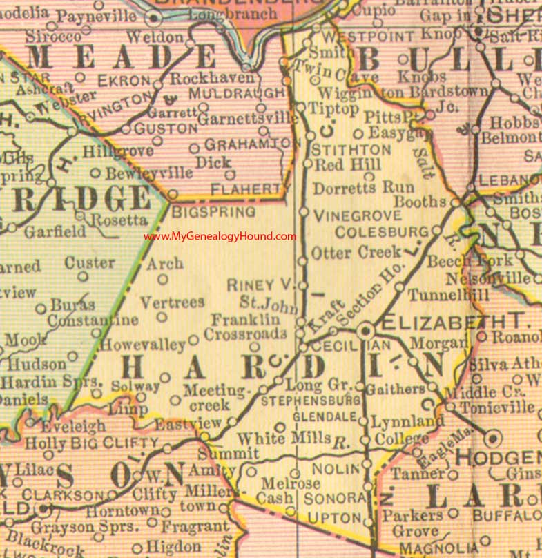 Hardin County, Kentucky 1905 vintage map, Elizabethtown, Vine Grove, Cecilia, Rineyville, Sonora, Stephensburg, Upton, White Mills, KY