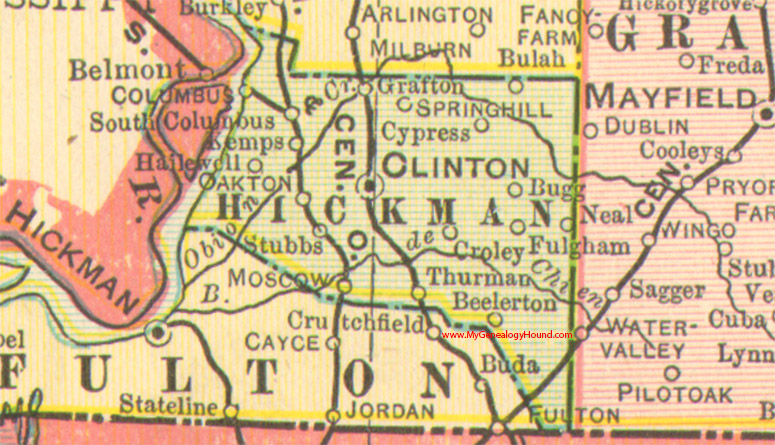 Hickman County, Kentucky 1905 Map Clinton, Columbus, Beelerton, Cypress, Fulgham, Moscow, Oakton, Spring Hill, KY