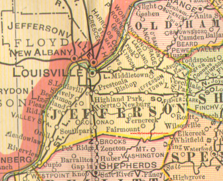 Jefferson County, Kentucky 1905 vintage map, Louisville, Beechmont, Fern Creek, Jeffersontown, Middletown, Oklolona, St. Matthews, Shively, Valley Station, KY