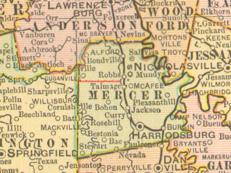 Mercer County, Kentucky 1905 Map Harrodsburg, KY, Bohon, Burgin, Nevada, Alford, Bestonia, Cornishville, Dugansville, McAfee, Salvisa