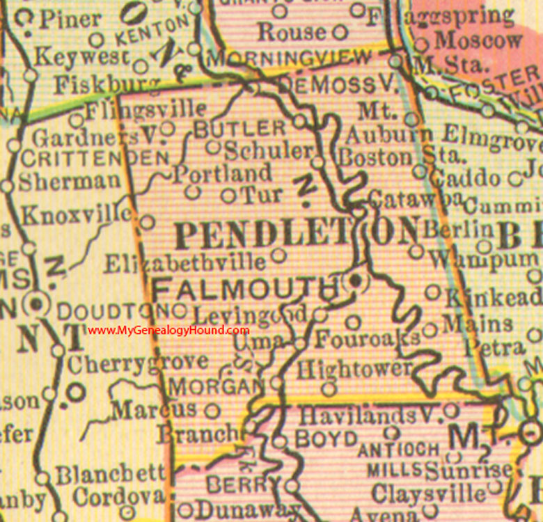 Pendleton County, Kentucky vintage 1905 Map, Falmouth, KY, Butler, Caddo, Boston Station, Catawba, DeMossville, Doudton, Kinkead, Levingood, Uma, Schuler, Wampum