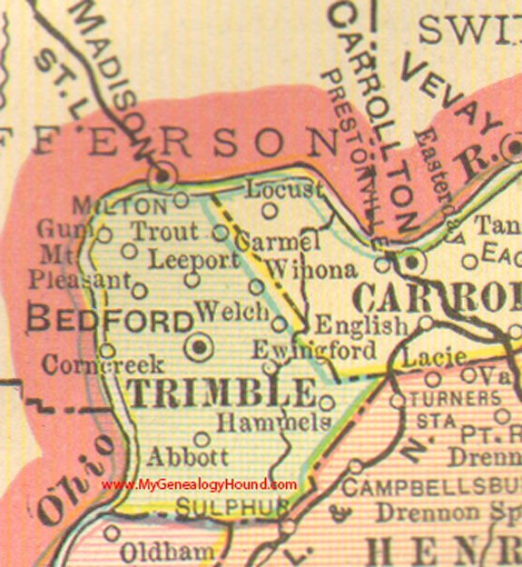 Trimble County, Kentucky 1905 Map Bedford, KY, Abbott, Milton, Carmel, Corncreek, Ewingford, Gum, Hammels, Leeport, Mt. Pleasant, Trout, Welch, Winona