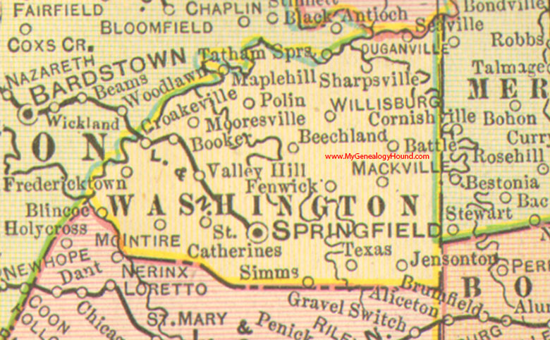 Washington County, Kentucky 1905 Map Springfield, KY, Croakeville, Polin, Seaville, Beechland, Fenwick, McIntire, Texas, Simms, Booker