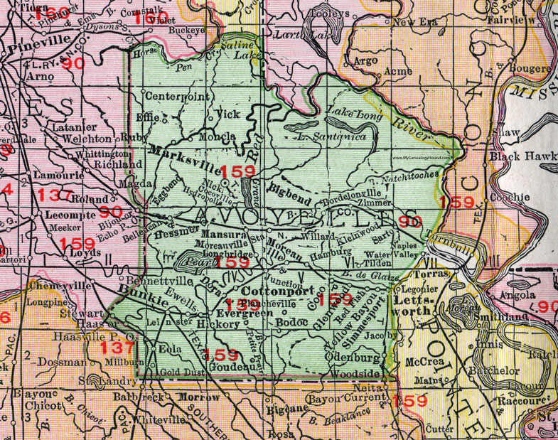 Avoyelles Parish, Louisiana, 1911, Map, Rand McNally, Marksville, Cottonport, Bunkie, Mansura ...