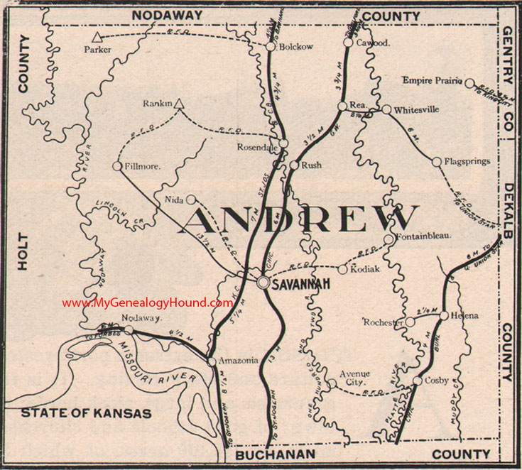 Andrew County Missouri Map 1904 Savannah, Rosendale, Bolckow, Fillmore, Helena, Cosby, Amazonia, Rea, Kodiak, MO