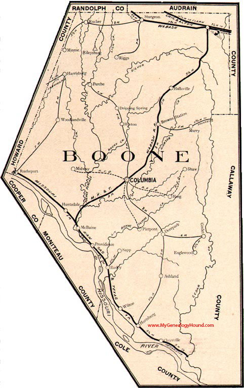 Boone County Missouri 1904 Map Columbia, Hallsville, Rocheport, SSturgeon, Midway, Centralia, Ashland, MO