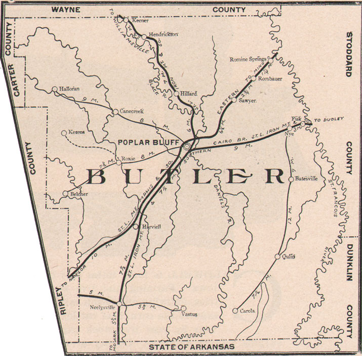 Butler County Missouri Map 1904 Poplar Bluff, Fisk, Qulin, Neelyville, Rombauer, Harviell, MO
