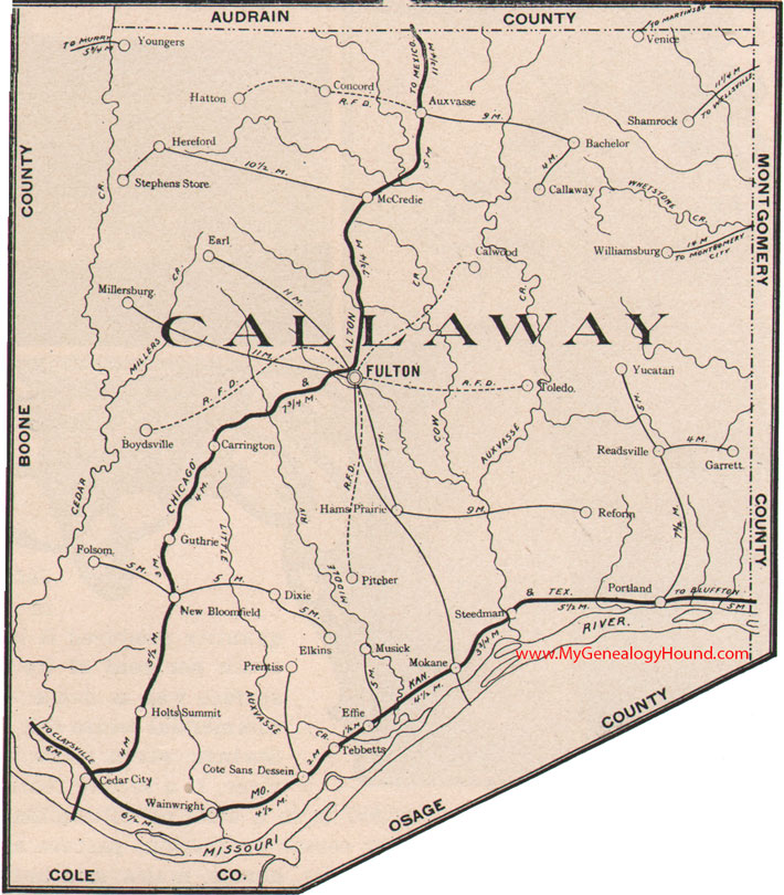 Callaway County, Missouri 1904 Map Fulton, Millersburg, Auxvasse, Holts Summit, New Bloomfield, Mokane, Cedar City, MO