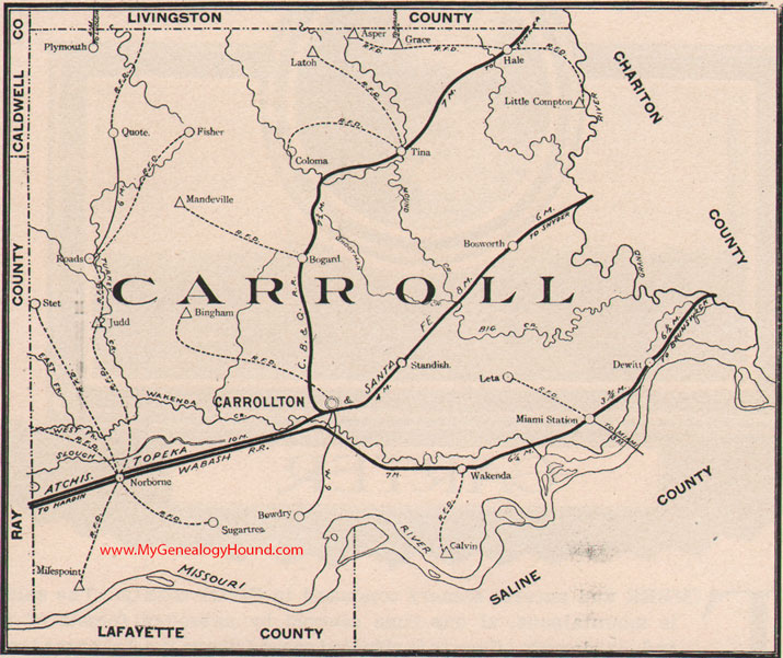 Carroll County Missouri Map 1904 Carrollton, Norborne, Hale, Bosworth, Tina, Bogard, Wakenda, Dewitt, Stet, MO