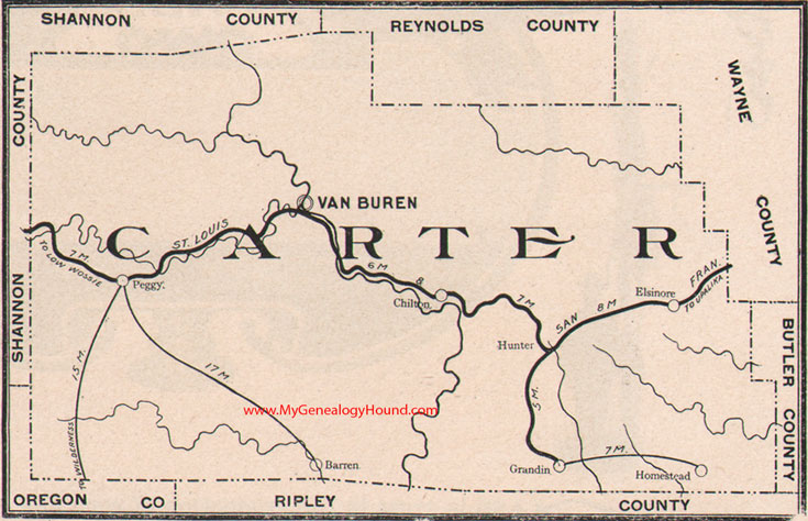 Carter County Missouri Map 1904 Van Buren, Elsinore, Peggy, Barren, Hunter, Chilton, Grandis, Homestead, MO