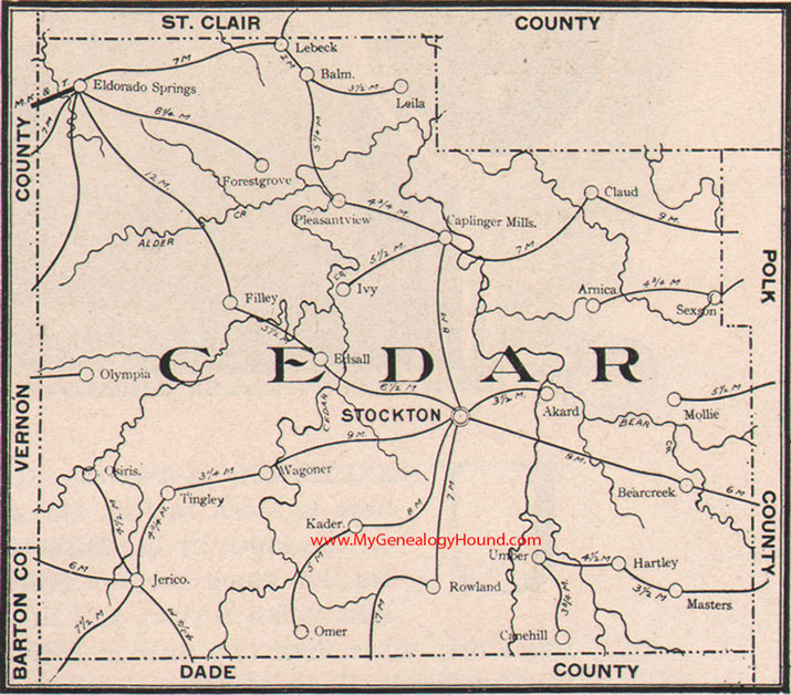 Cedar County Missouri Map 1904 Stockton, Eldorado Springs, Jericho Springs, Caplinger Mills, Filley, Olympia, MO