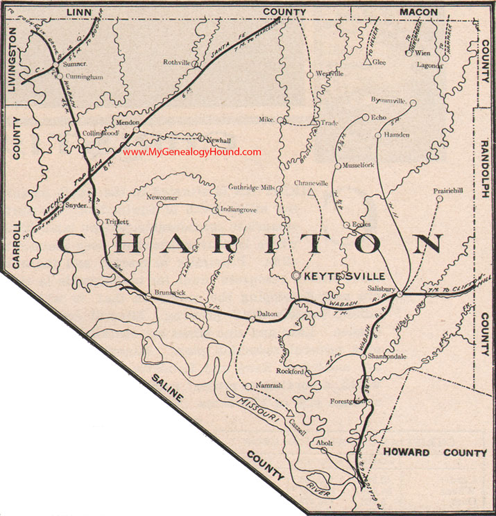 Chariton County Missouri Map 1904 Keytesville, Brunswick, Salisbury, Mendon, Triplett, Dalton, Sumner, Rothville, MO