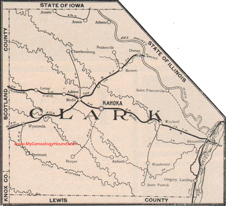 Clark County Missouri Map 1904 Kahoka, Wayland, Alexandria, Revere, Saint Patrick, Luray, Wyaconda, Medill, Dumas, Anson, Acasto, MO