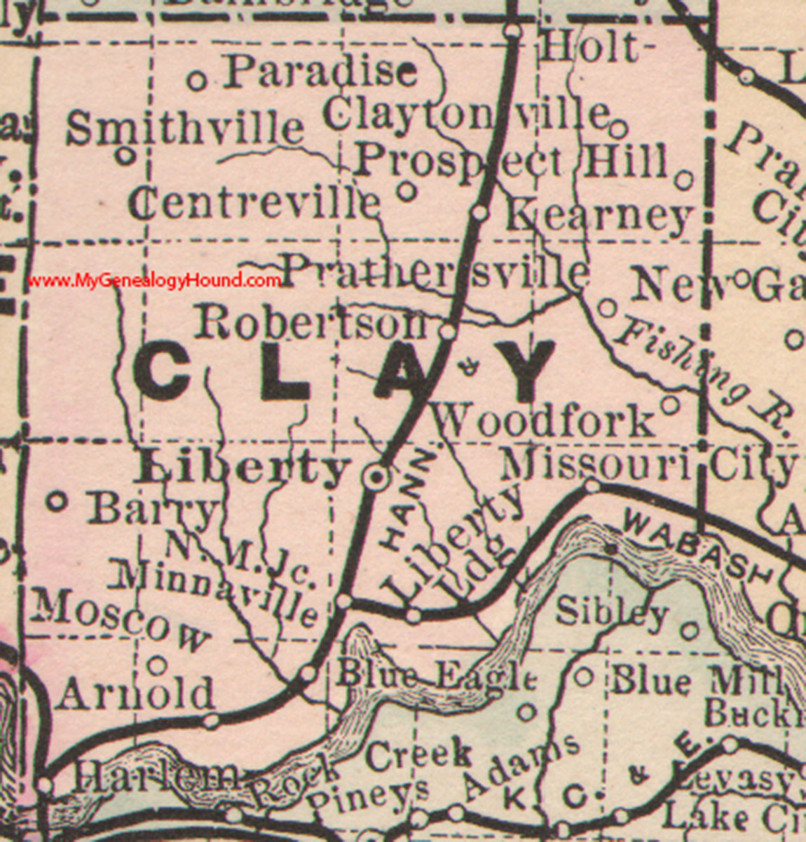 Clay County, Missouri 1886 Map Liberty, Smithville, Kearney, Holt, Missouri City, Moscow, Barry, Paradise, MO 