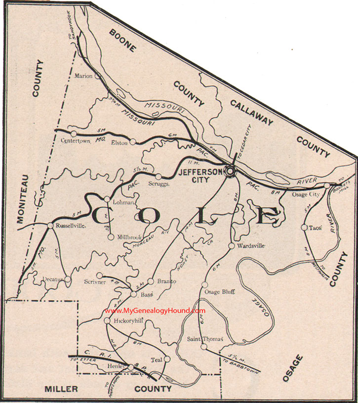 Cole County Missouri Map 1904 Jefferson City, Osage City, Taos, Wardsville, Centertown, Russellville, Lohman, Henley, St. Thomas, MO