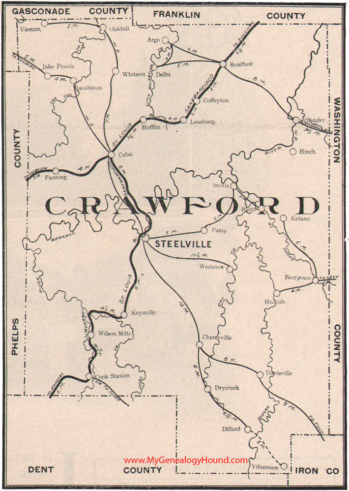 Crawford County, Missouri Map 1904 Steelville, Cuba, Bourbon, Leasburg, Dillard, Viburnum, Huzzah, Berryman, MO