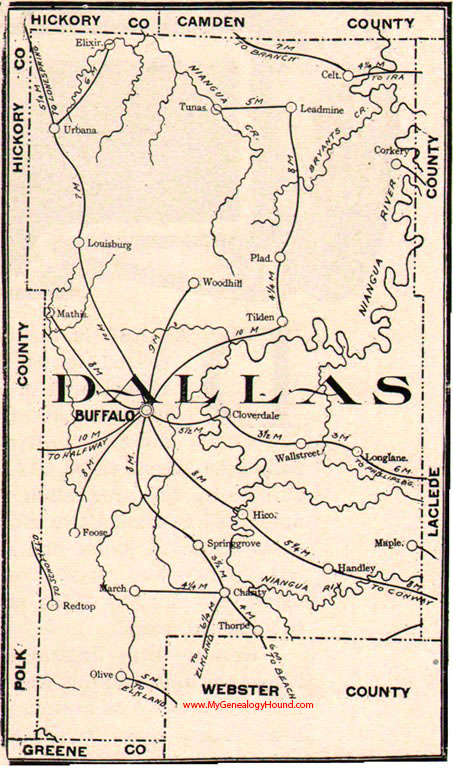 Dallas County, Missouri 1904 Map Buffalo, Louisburg, Urbana, Plad, Tunas, Longlane, Cloverdale, MO 