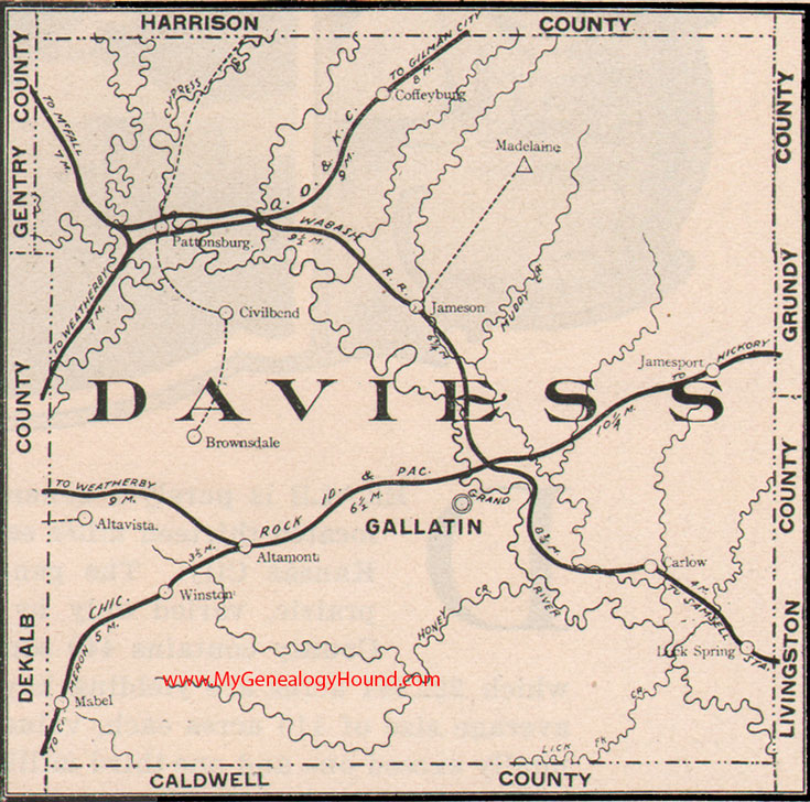 Daviess County Missouri Map 1904 Gallatin, Jamesport, Pattonsburg, Jameson, Coffey, Altamont, Winston, Lock Springs, Carlow, MO