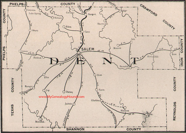Dent County Missouri Map 1904 Salem, Jadwin, Gladden, Howes Mill, Boss, Lenox, Lecoma, Lake Spring, Sligo, MO
