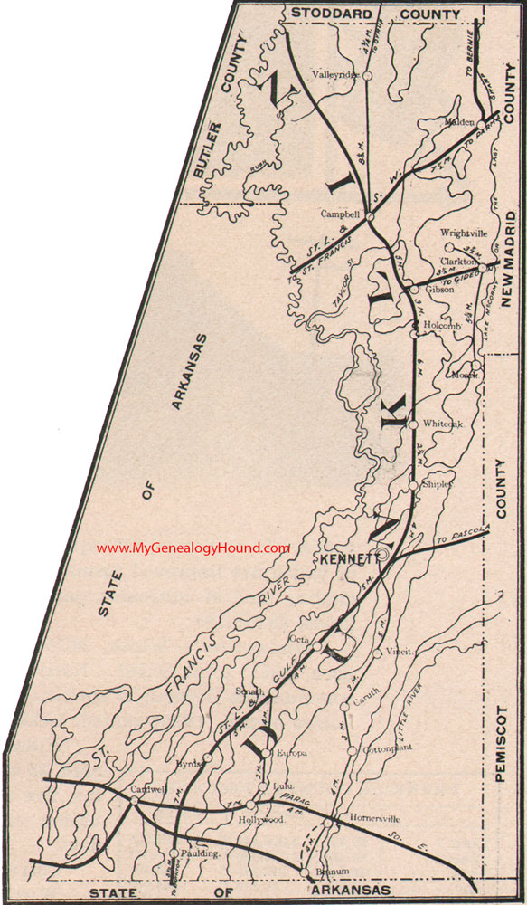 Dunklin County Missouri Map 1904 Kennett, Malden, Clarkton, Senath, Campbell, Cardwell, Hornersville, Arbyrd, MO