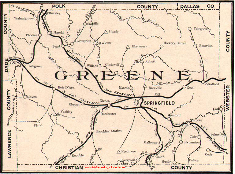 Greene County, Missouri 1904 Map, Springfield, Willard, Ash Grove, Republic, Ebenezer, Strafford, Walnut Grove, Cavespring, MO