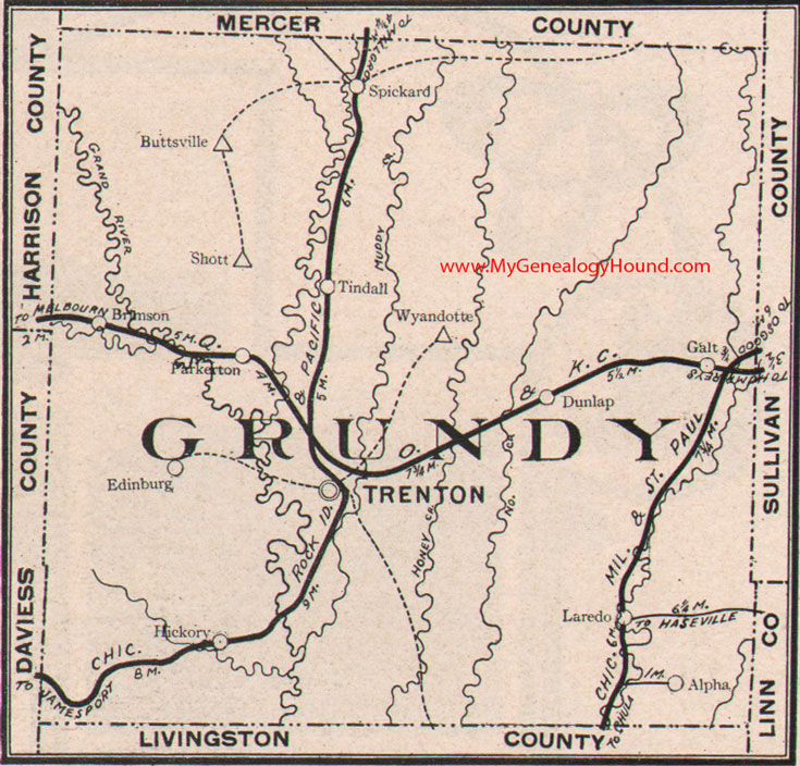 Grundy County Missouri Map 1904 Trenton, Spickard, Laredo, Galt, Brimson, Tindall, Dunlap, Edinburg, Wyandotte, MO