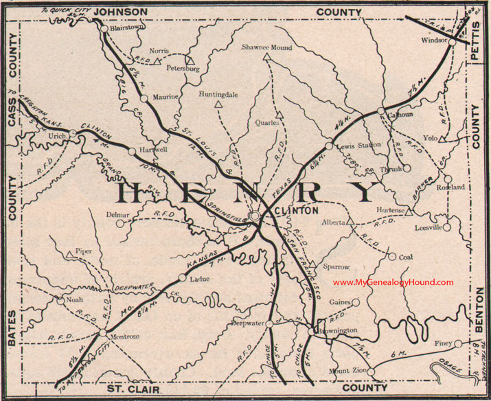 Henry County Missouri Map 1904 Clinton, Windsor, Montrose, Urich, Deepwater, Calhoun, MO