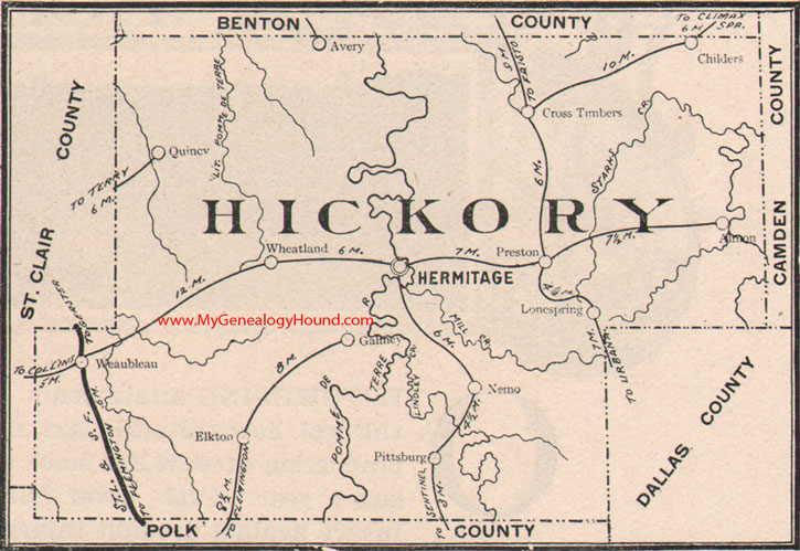 Hickory County Missouri Map 1904 Hermitage, Cross Timbers, Weaubleau, Wheatland, Preston, Pittsburg, Elkton, Quincy, MO