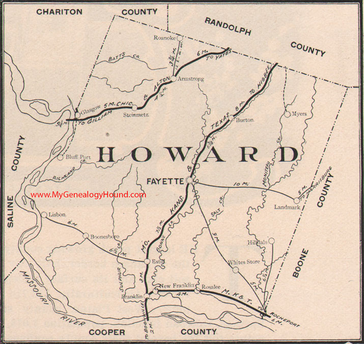 Howard County Missouri Map 1904 Fayette, Glasgow, Armstrong, Franklin, New Franklin, Boonesboro, Steinmetz, MO