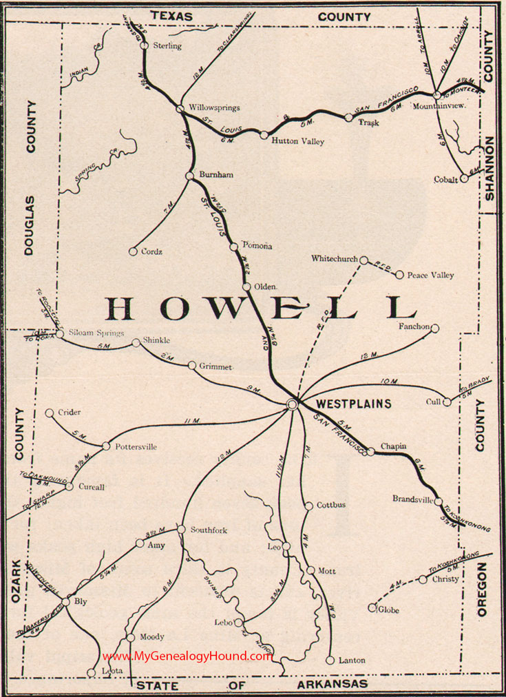 Howell County Missouri Map 1904 West Plains, Willow Springs, Mountain View, Pomona, South Fork, Moody, Brandsville, Pottersville, Peace Valley, White Church, MO
