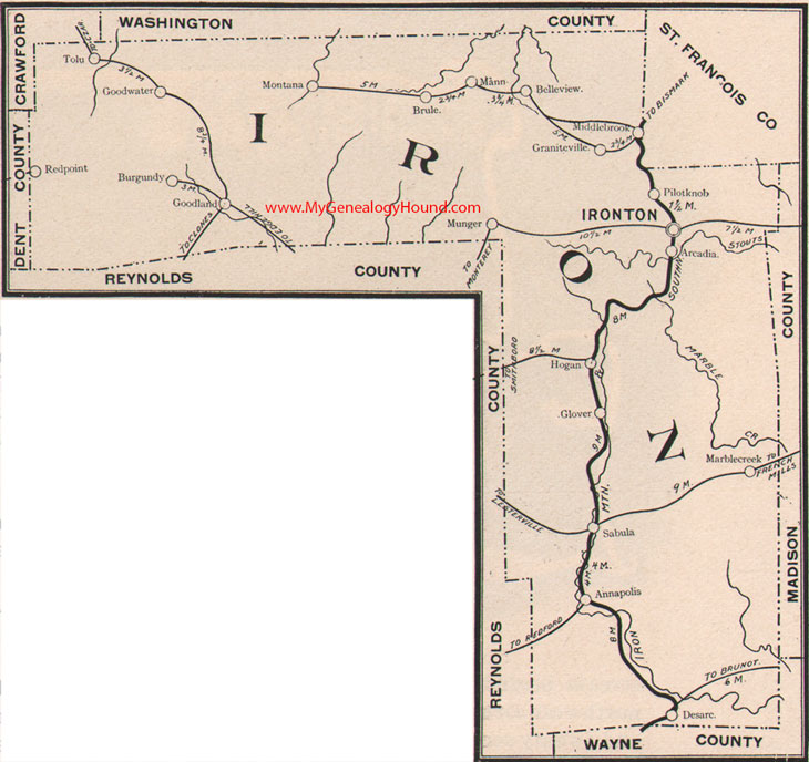 Iron County Missouri Map 1904 Ironton, Arcadia, Pilot Knob, Graniteville, Des Arc, Annapolis, Sabula, Belleview, Glover, MO