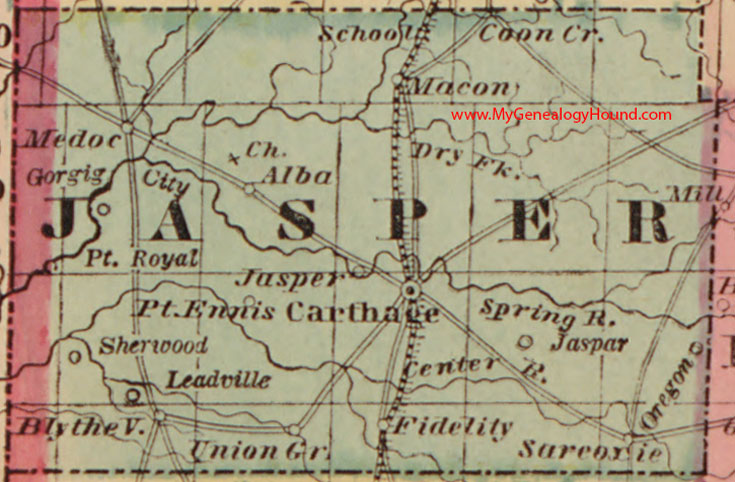 Jasper County, Missouri 1861 Map, Carthage, Sarcoxie, Blytheville, Leadville, Medoc, Fidelity, Union Grove, MO