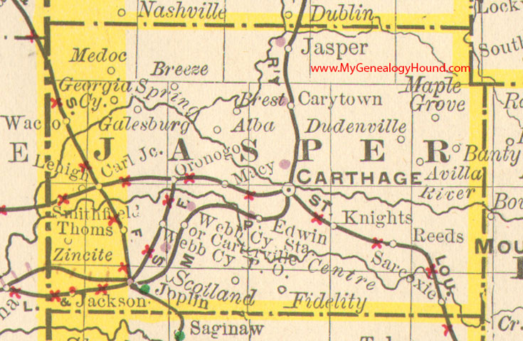 Jasper County, Missouri 1890 Map Joplin, Carthage, Oronogo, Webb City, Zincite, Jackson, Thoms, Sarcoxie, MO