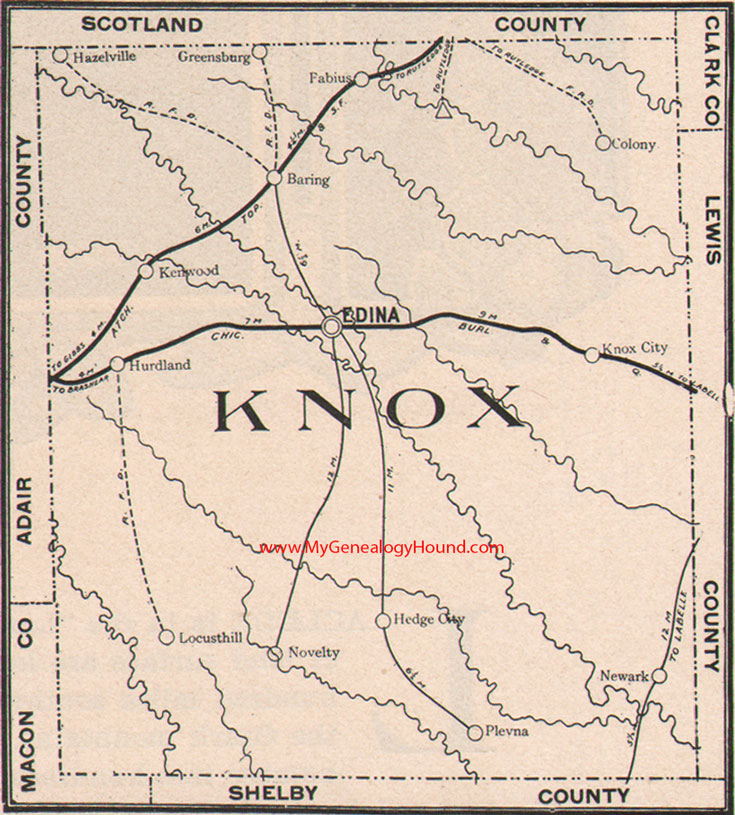 Knox County Missouri Map 1904 Edina, Knox City, Baring, Hurdland, Novelty, Newark, Plevna, Kenwood, Fabius, MO
