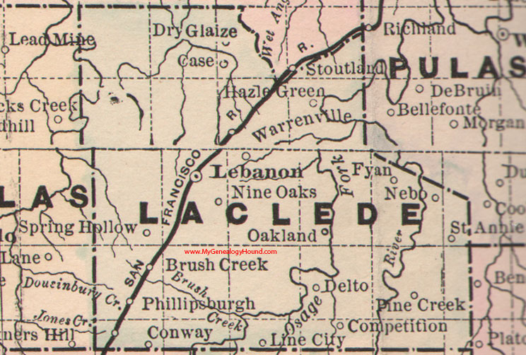 Laclede County, Missouri 1886 Map Lebanon, Conway, Stoutland, Phillipsburgh, Nebo, Hazle Green, MO