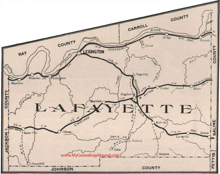 Lafayette County, Missouri Map 1904 Lexington, Higginsville, Odessa, Concordia, Napoleon, Wellington, Corder, Bates City, Chapel Hill, Alma, MO