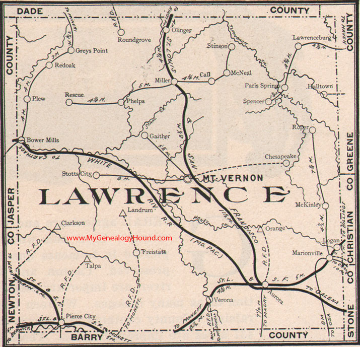 Lawrence County Missouri Map 1904 Mt. Vernon, Aurora, Pierce City, Marionville, Verona, Stotts City, Red Oak, Halltown, MO