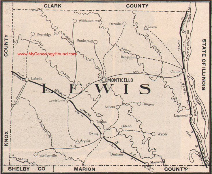 Lewis County Missouri Map 1904 Monticello, Canton, LaGrange, Ewing, Lewistown, LaBelle, Steffenville, Durham, Maywood, MO